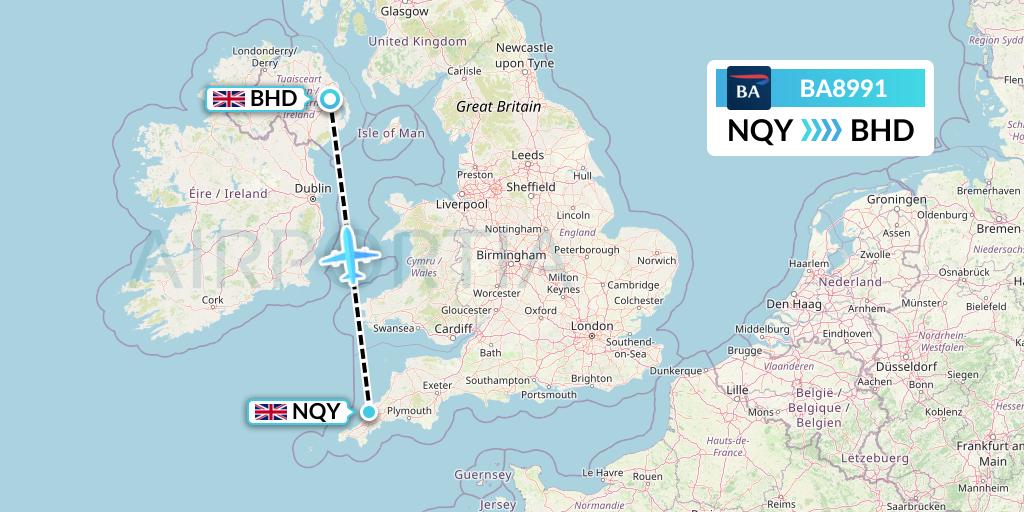BA8991 British Airways Flight Map: Newquay to Belfast