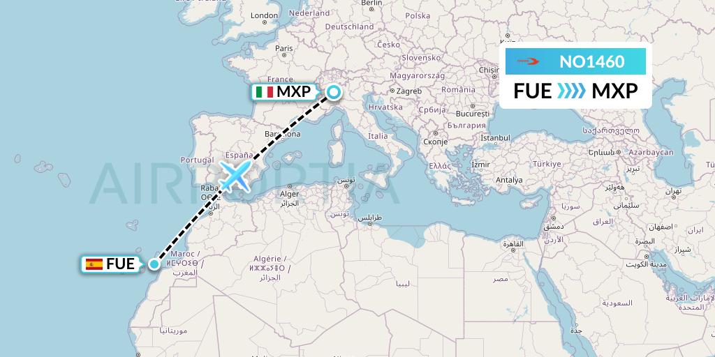 NO1460 Neos Flight Map: Fuerteventura to Milan