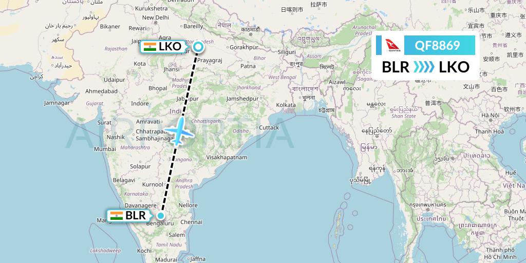 QF8869 Qantas Flight Map: Bangalore to Lucknow