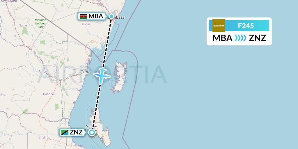 F245 Safarilink Aviation Flight Map: Mombasa to Zanzibar