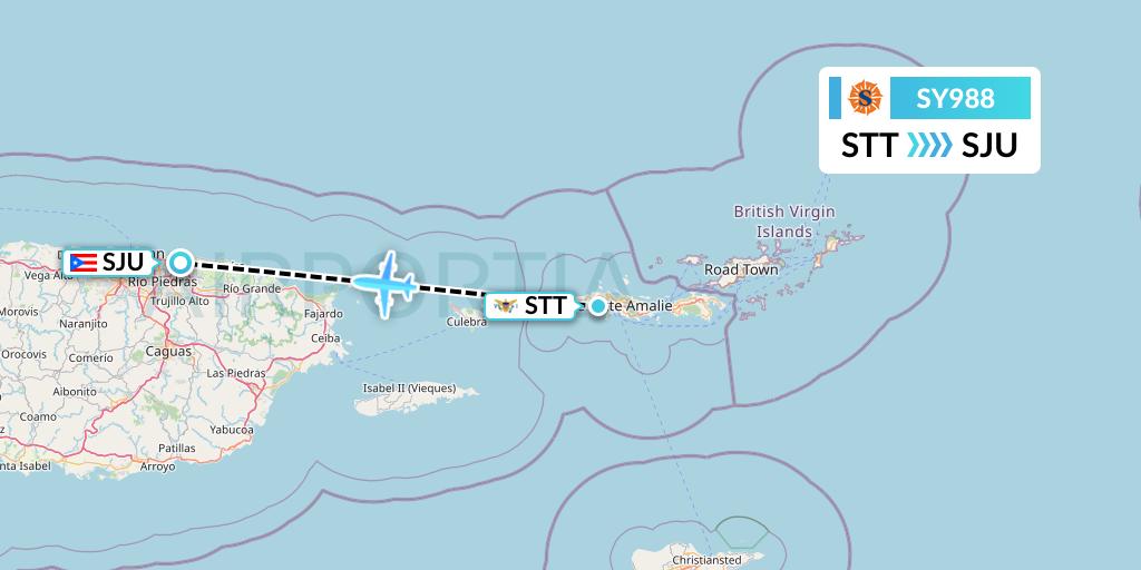 SY988 Sun Country Airlines Flight Map: St. Thomas to San Juan