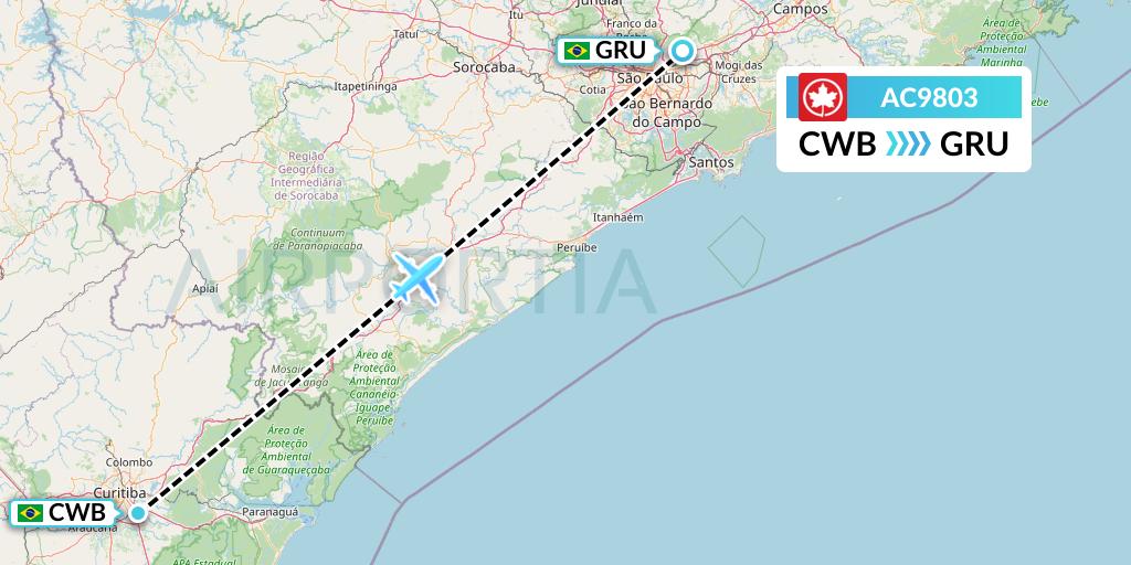 AC9803 Air Canada Flight Map: Curitiba to Sao Paulo