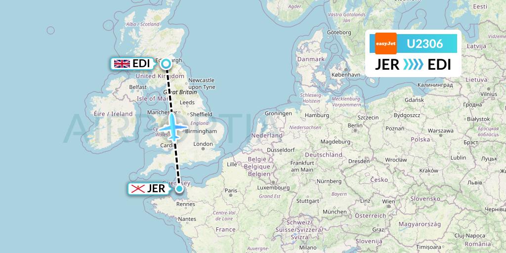 U2306 EasyJet Flight Map: Jersey to Edinburgh