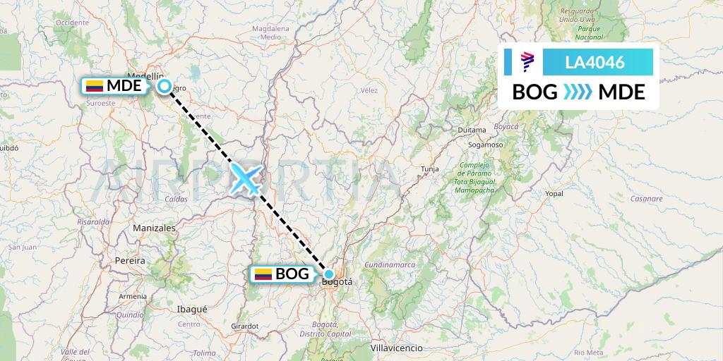 LA4046 LAN Airlines Flight Map: Bogota to Medellin