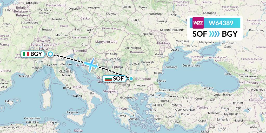 W64389 Wizz Air Flight Map: Sofia to Milan