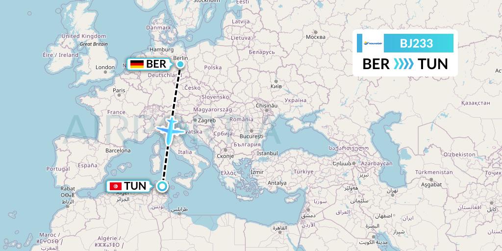 BJ233 Nouvelair Tunisie Flight Map: Berlin to Tunis