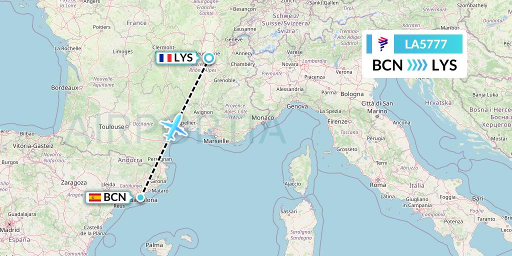 LA5777 LAN Airlines Flight Map: Barcelona to Lyon