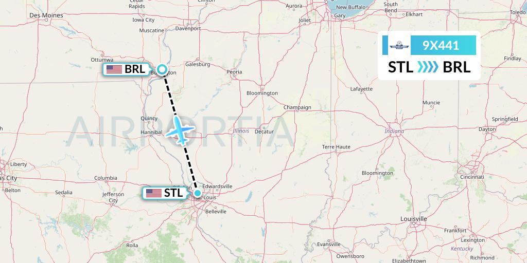 9X441 Southern Airways Express Flight Map: St. Louis to Burlington