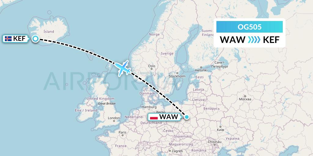 OG505 Fly Play Flight Map: Warsaw to Reykjavik