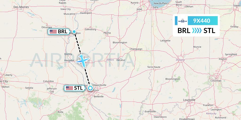 9X440 Southern Airways Express Flight Map: Burlington to St. Louis