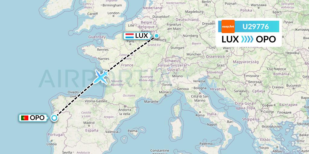 U29776 EasyJet Flight Map: Luxembourg to Porto