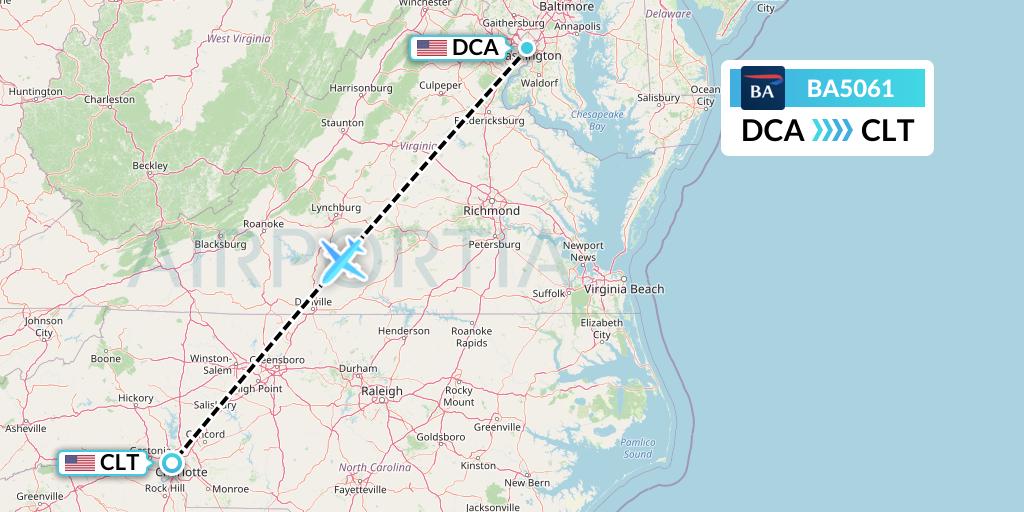 BA5061 British Airways Flight Map: Washington to Charlotte
