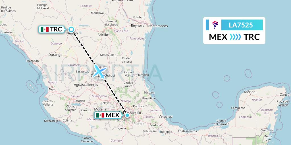 LA7525 LAN Airlines Flight Map: Mexico City to Torreon