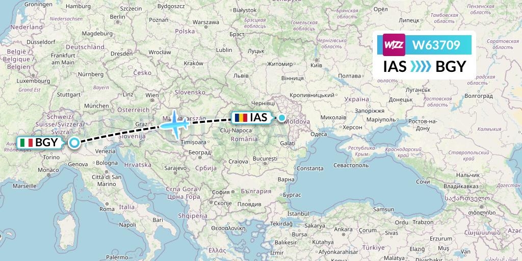 W63709 Wizz Air Flight Map: Iasi to Milan