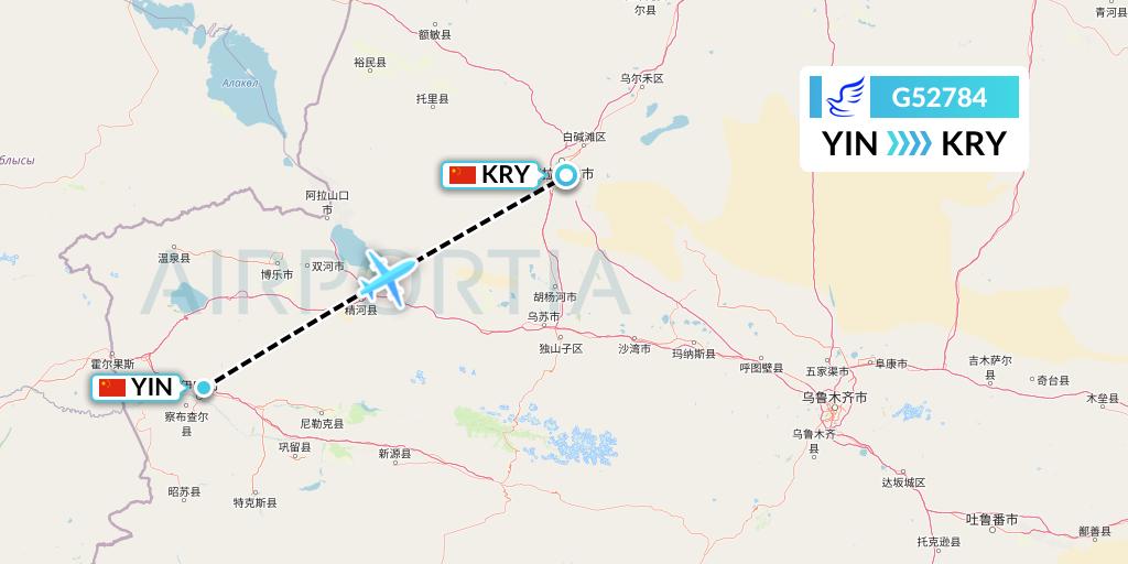 G52784 China Express Airlines Flight Map: Yining to Karamay
