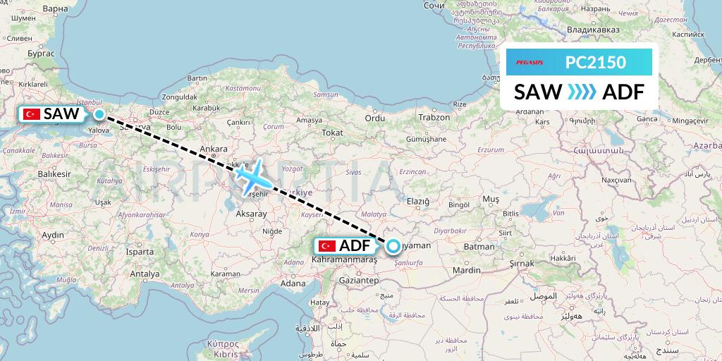 PC2150 Pegasus Airlines Flight Map: Istanbul to Adiyaman