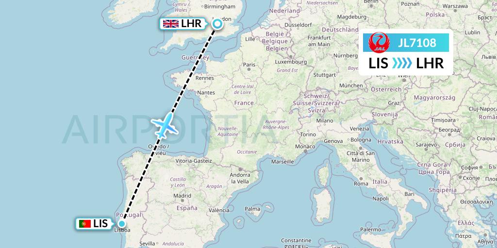 JL7108 Japan Airlines Flight Map: Lisbon to London