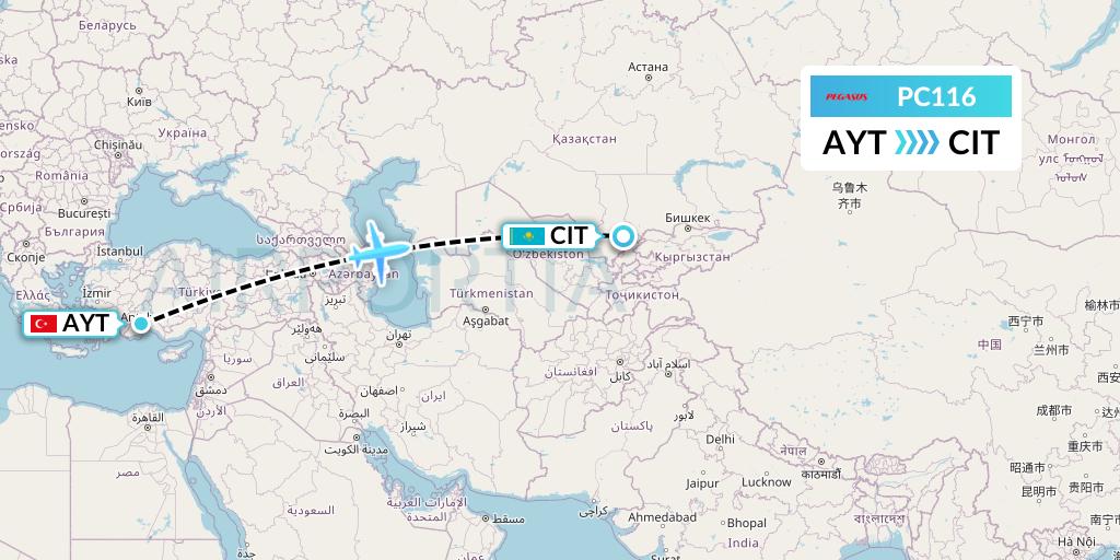 PC116 Pegasus Airlines Flight Map: Antalya to Shymkent