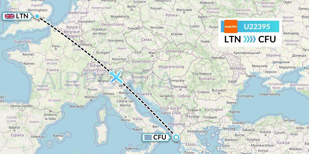 U22395 EasyJet Flight Map: London to Corfu