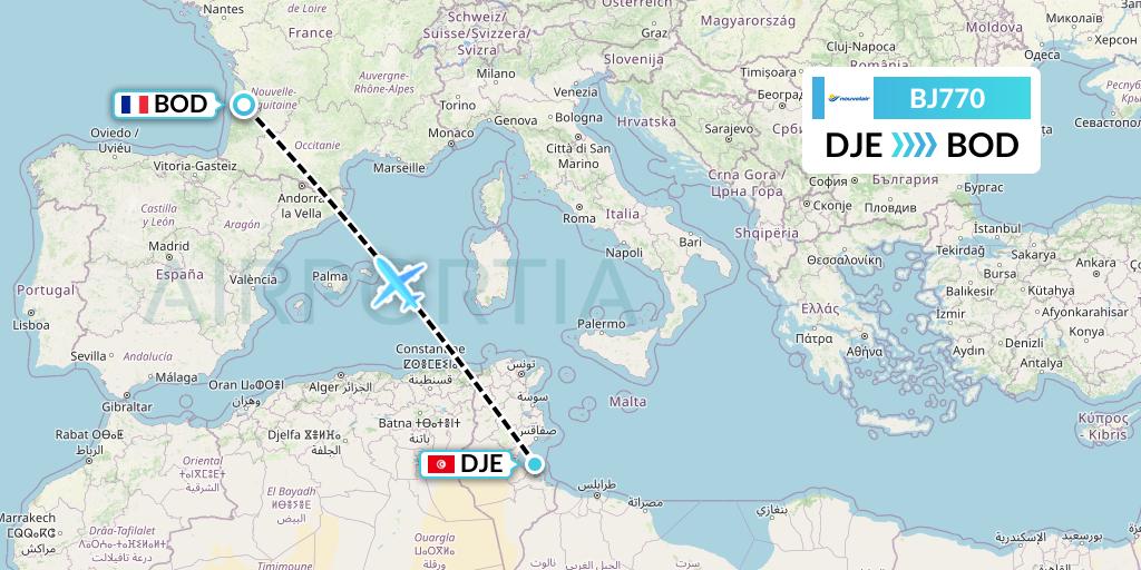 BJ770 Nouvelair Tunisie Flight Map: Djerba to Bordeaux