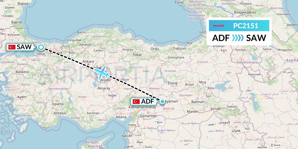PC2151 Pegasus Airlines Flight Map: Adiyaman to Istanbul