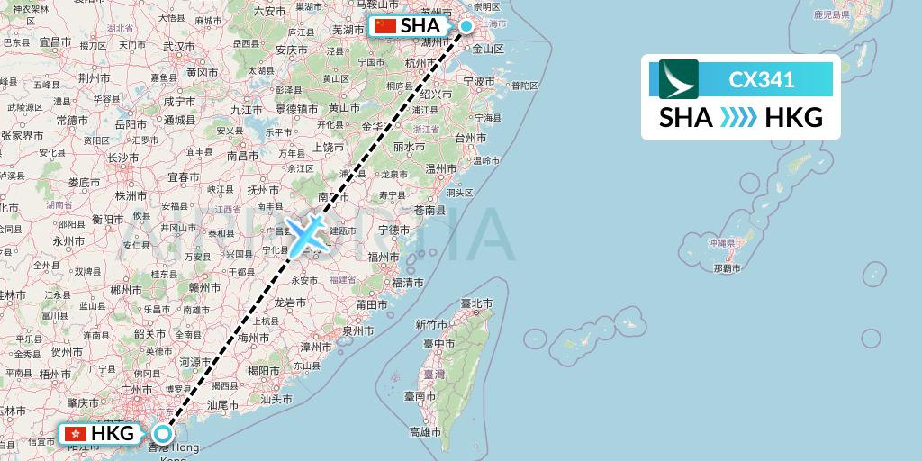 CX341 Cathay Pacific Flight Map: Shanghai to Hong Kong