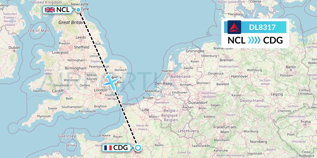 DL8317 Delta Air Lines Flight Map: Newcastle to Paris