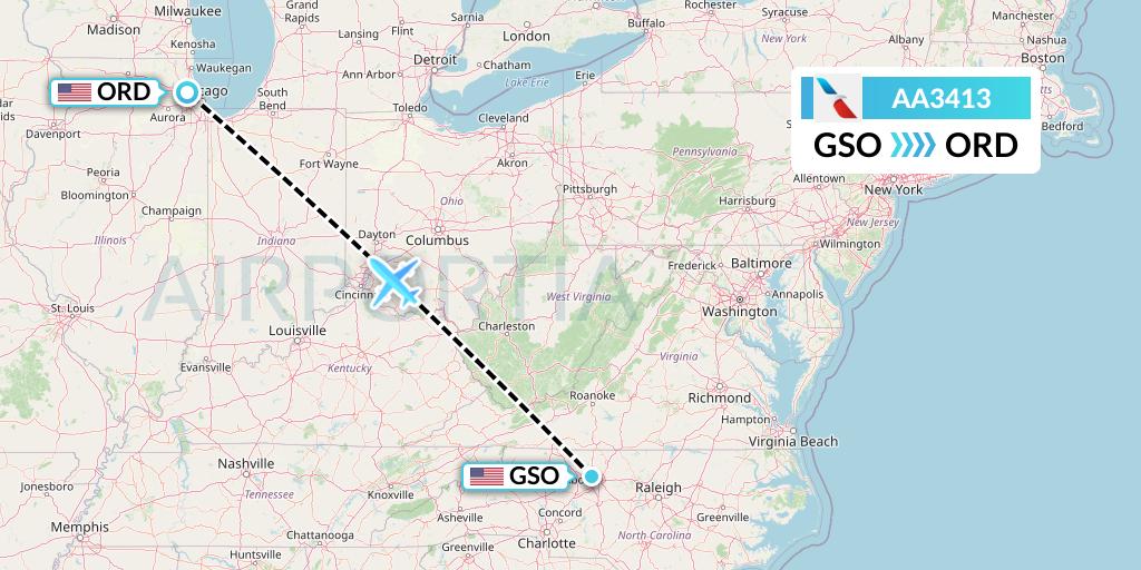 AA3413 American Airlines Flight Map: Greensboro to Chicago