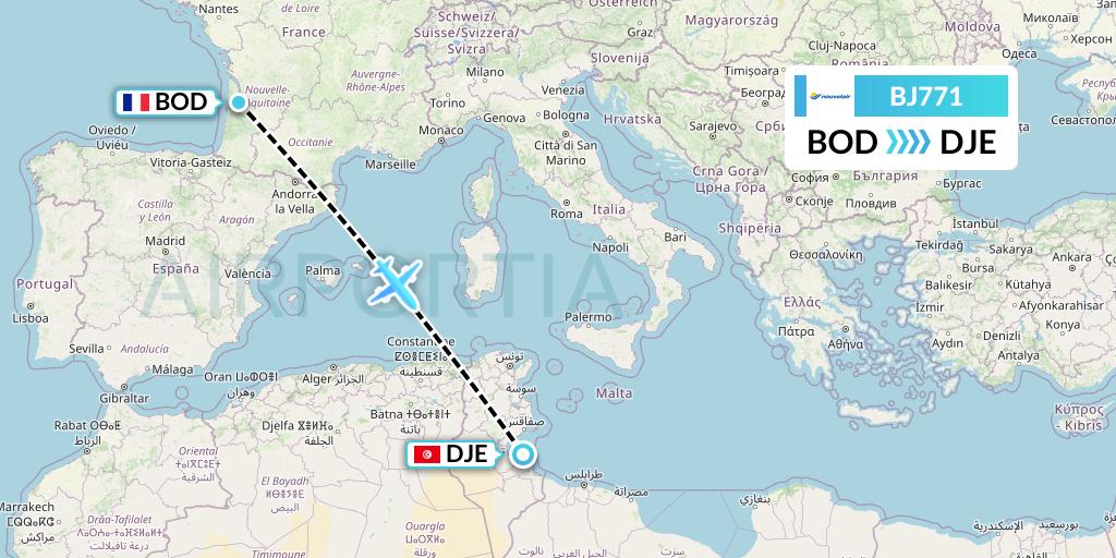 BJ771 Nouvelair Tunisie Flight Map: Bordeaux to Djerba