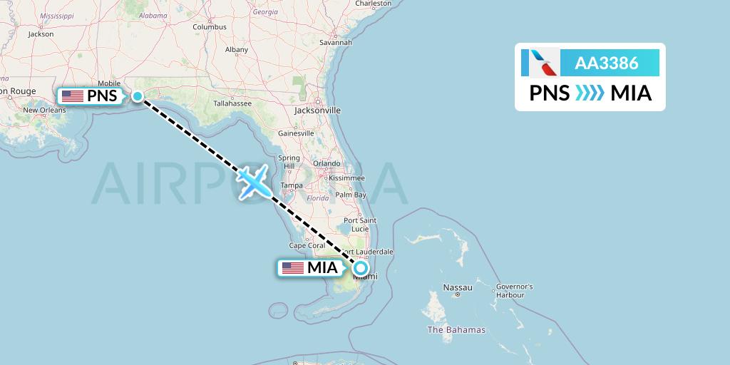 AA3386 American Airlines Flight Map: Pensacola to Miami