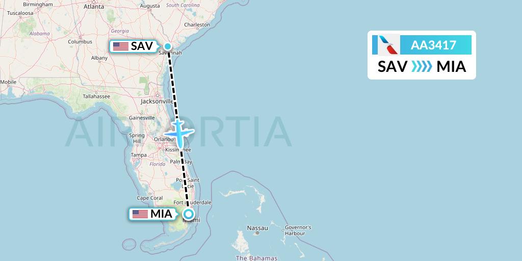 AA3417 American Airlines Flight Map: Savannah to Miami