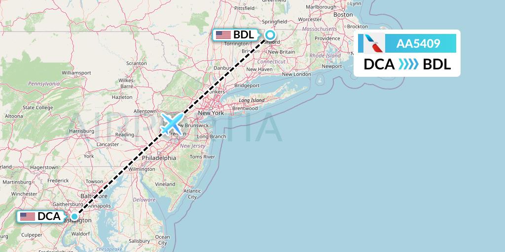 AA5409 American Airlines Flight Map: Washington to Windsor Locks