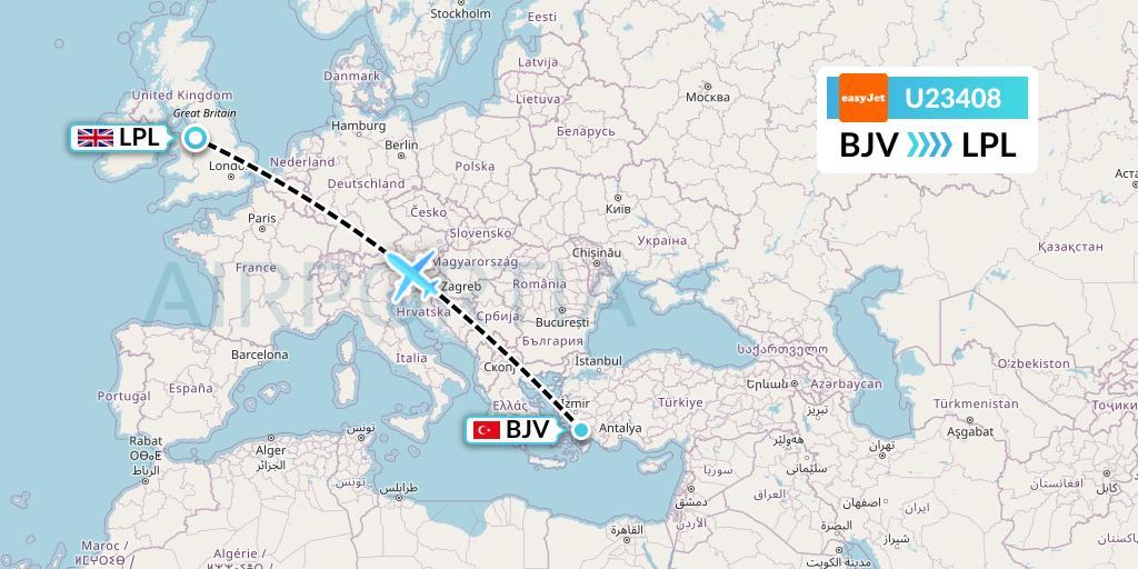 U23408 EasyJet Flight Map: Bodrum to Liverpool