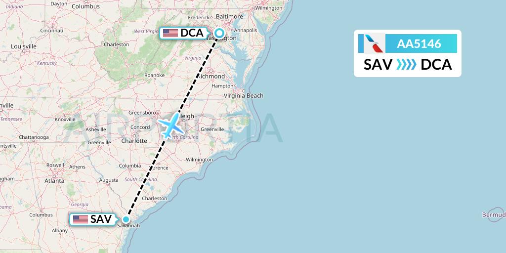 AA5146 American Airlines Flight Map: Savannah to Washington