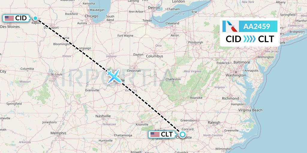 AA2459 American Airlines Flight Map: Cedar Rapids to Charlotte
