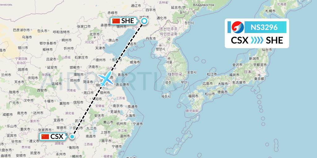 NS3296 Hebei Airlines Flight Map: Changsha to Shenyang