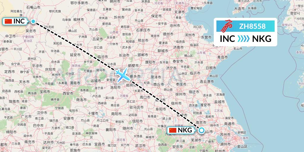 ZH8558 Shenzhen Airlines Flight Map: Yinchuan to Nanjing