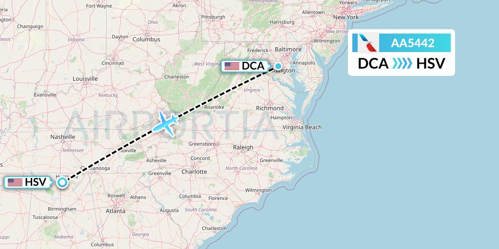 AA5442 American Airlines Flight Map: Washington to Huntsville