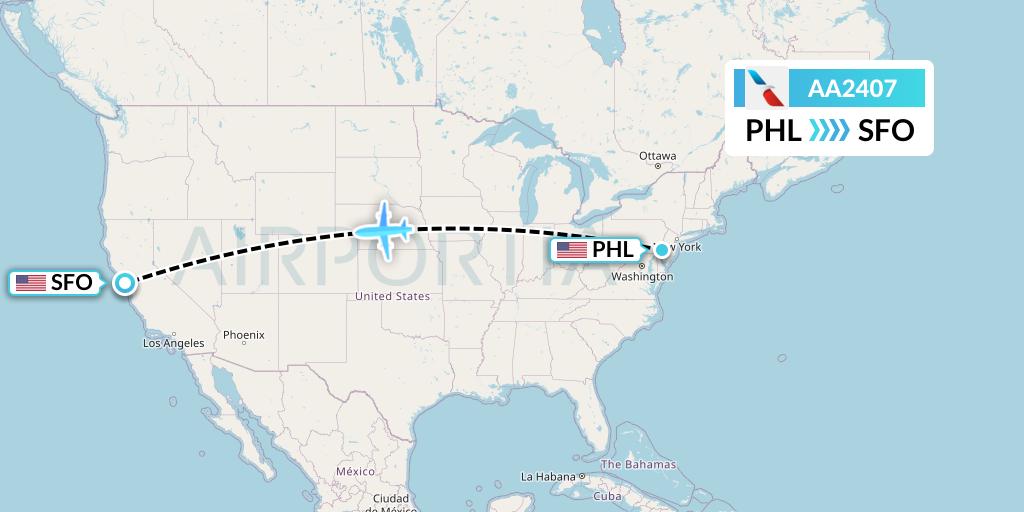 AA2407 American Airlines Flight Map: Philadelphia to San Francisco
