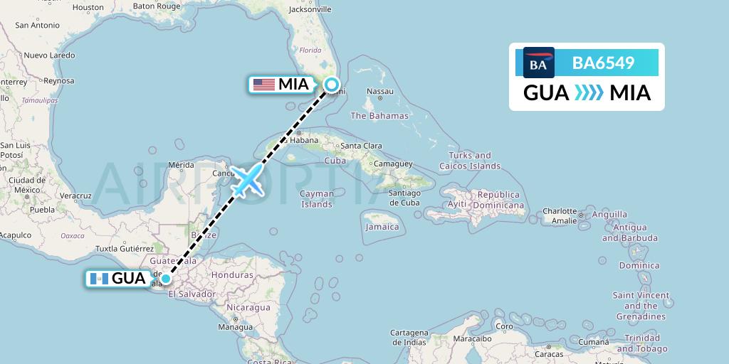 BA6549 British Airways Flight Map: Guatemala City to Miami