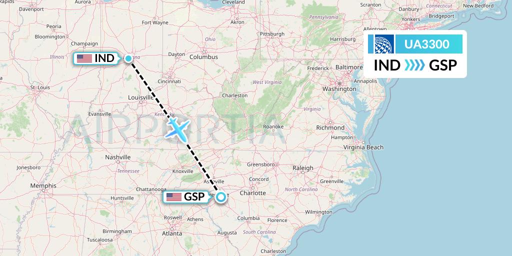 UA3300 United Airlines Flight Map: Indianapolis to Greenville-Spartanburg