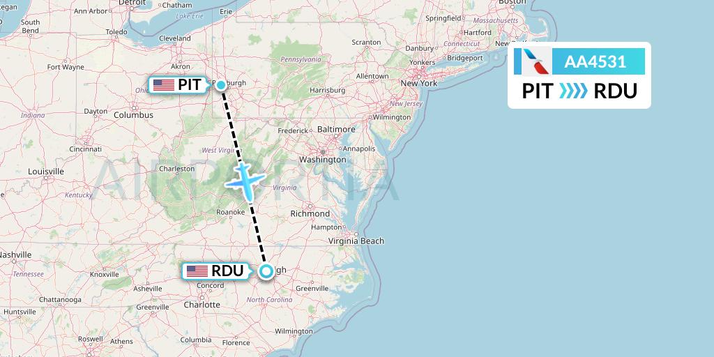AA4531 American Airlines Flight Map: Pittsburgh to Raleigh-Durham