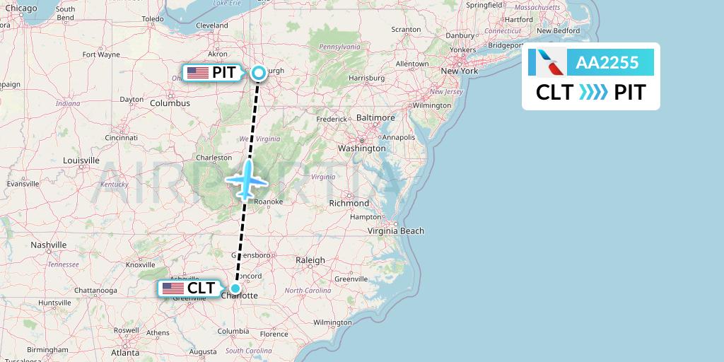 AA2255 American Airlines Flight Map: Charlotte to Pittsburgh