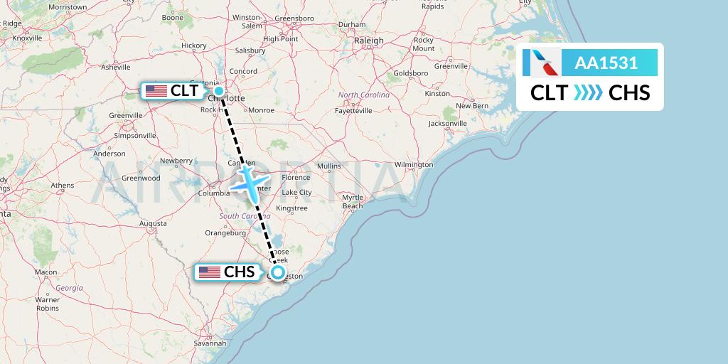 AA1531 American Airlines Flight Map: Charlotte to Charleston
