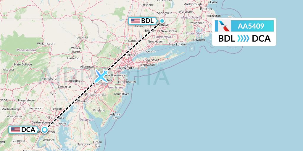 AA5409 American Airlines Flight Map: Windsor Locks to Washington