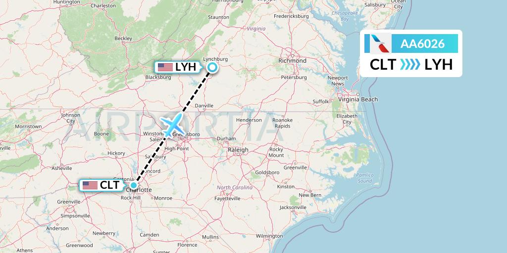 AA6026 American Airlines Flight Map: Charlotte to Lynchburg