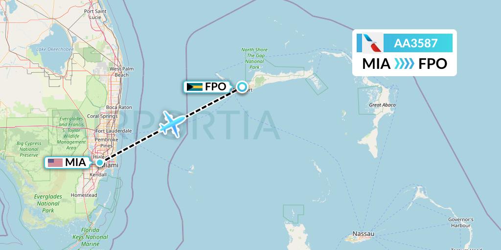 AA3587 American Airlines Flight Map: Miami to Freeport