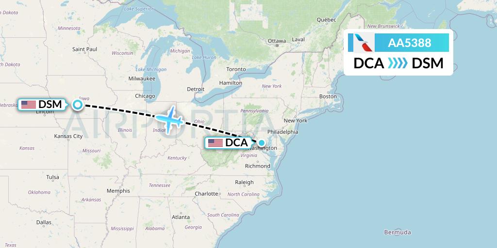 AA5388 American Airlines Flight Map: Washington to Des Moines