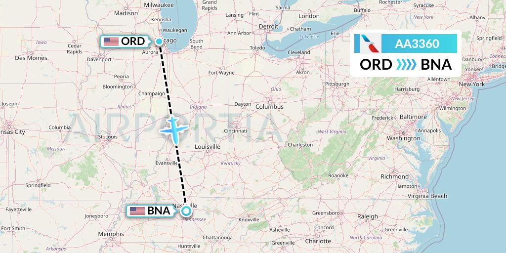 AA3360 American Airlines Flight Map: Chicago to Nashville