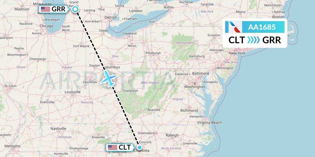 AA1685 American Airlines Flight Map: Charlotte to Grand Rapids